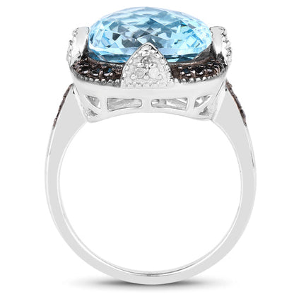 8.29 Carat Genuine Swiss Blue Topaz, Black Diamond & White Diamond .925 Sterling Silver Ring Bids.com