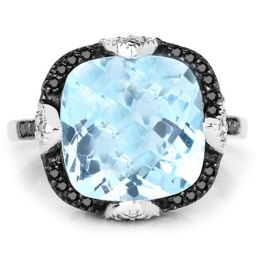8.29 Carat Genuine Swiss Blue Topaz, Black Diamond & White Diamond .925 Sterling Silver Ring Bids.com