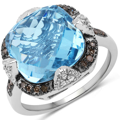8.29 Carat Genuine Swiss Blue Topaz, Champagne Diamond and White Diamond .925 Sterling Silver Ring Bids.com
