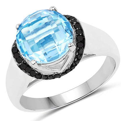 4.94 Carat Genuine Baby Swiss Blue Topaz and Black Diamond .925 Sterling Silver Ring Bids.com