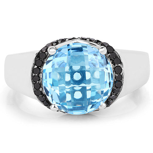 4.94 Carat Genuine Baby Swiss Blue Topaz and Black Diamond .925 Sterling Silver Ring Bids.com