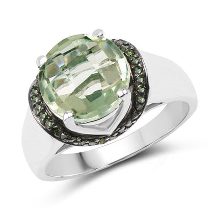 3.95 Carat Genuine Green Amethyst and Green Diamond .925 Sterling Silver Ring Bids.com