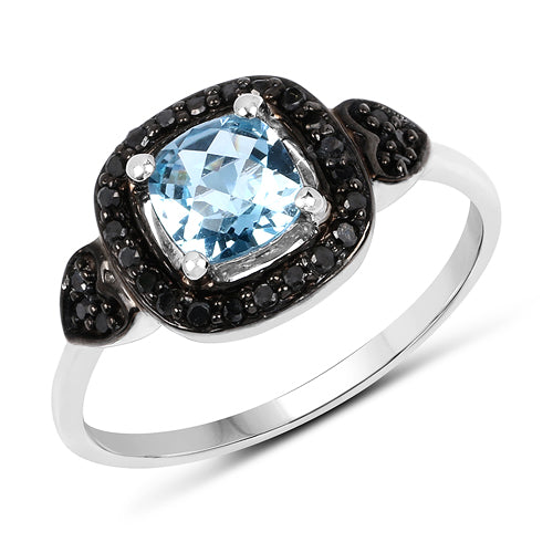 1.19 Carat Genuine Swiss Blue Topaz & Black Diamond .925 Sterling Silver Ring Bids.com