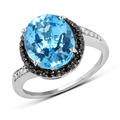 5.48 Carat Genuine Swiss Blue Topaz, Black Diamond and White Diamond .925 Sterling Silver Ring Bids.com