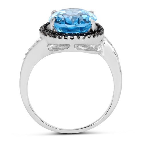 5.48 Carat Genuine Swiss Blue Topaz, Black Diamond and White Diamond .925 Sterling Silver Ring Bids.com