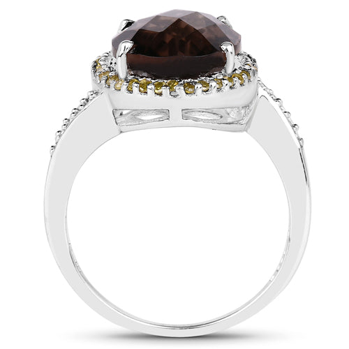 4.85 Carat Genuine Smoky Quartz, Yellow Diamond & White Diamond .925 Sterling Silver Ring Bids.com