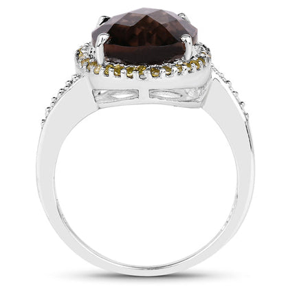 4.85 Carat Genuine Smoky Quartz, Yellow Diamond & White Diamond .925 Sterling Silver Ring Bids.com
