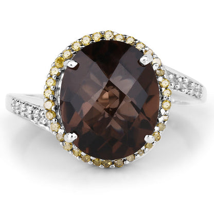 4.85 Carat Genuine Smoky Quartz, Yellow Diamond & White Diamond .925 Sterling Silver Ring Bids.com