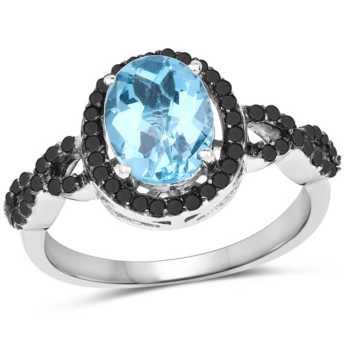 2.92 Carat Genuine Blue Topaz, Black Diamond & White Diamond .925 Sterling Silver Ring Bids.com