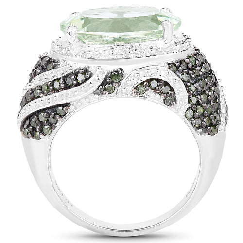 5.98 Carat Genuine Green Amethyst & Green Diamond .925 Sterling Silver Ring Bids.com