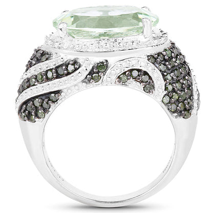 5.98 Carat Genuine Green Amethyst & Green Diamond .925 Sterling Silver Ring Bids.com