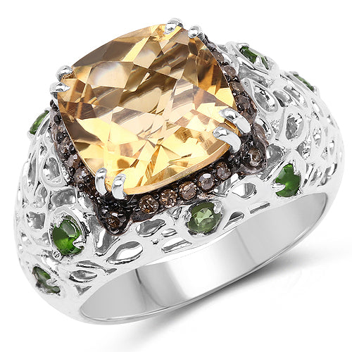 4.13 Carat Genuine Citrine, Chrome Diopside & Champagne Diamond .925 Sterling Silver Ring Bids.com