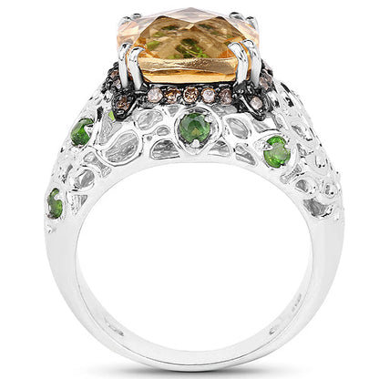 4.13 Carat Genuine Citrine, Chrome Diopside & Champagne Diamond .925 Sterling Silver Ring Bids.com