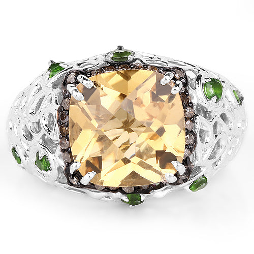 4.13 Carat Genuine Citrine, Chrome Diopside & Champagne Diamond .925 Sterling Silver Ring Bids.com