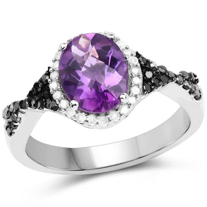 1.64 Carat Genuine Amethyst, Black Diamond & White Diamond .925 Sterling Silver Ring Bids.com