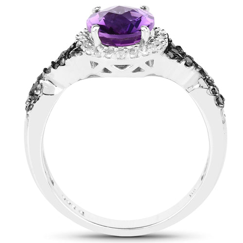 1.64 Carat Genuine Amethyst, Black Diamond & White Diamond .925 Sterling Silver Ring Bids.com