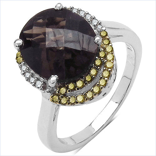 4.12 Carat Genuine Smoky Quartz and 0.28 ct.t.w Genuine Diamond Accents Sterling Silver Ring Bids.com