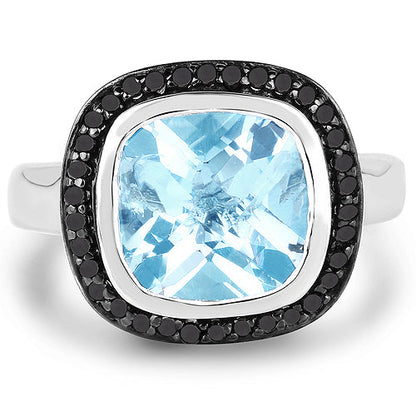 5.23 Carat Genuine Baby Swiss Blue Topaz and Black Diamond .925 Sterling Silver Ring Bids.com