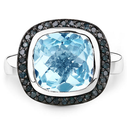 5.23 Carat Genuine Swiss Blue Topaz and Black Diamond .925 Sterling Silver Ring Bids.com