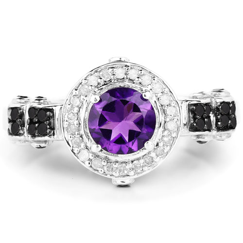 1.02 Carat Genuine Amethyst, Black Diamond & White Diamond .925 Sterling Silver Ring Bids.com