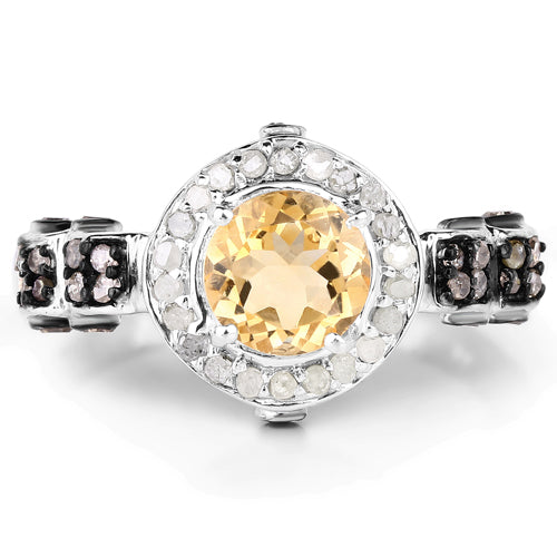 1.06 Carat Genuine Citrine, Champagne Diamond & White Diamond .925 Sterling Silver Ring Bids.com