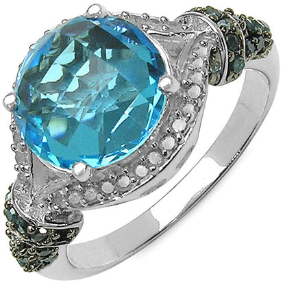 4.96 Carat Genuine Blue Topaz, Blue Diamond & White Diamond .925 Sterling Silver Ring Bids.com
