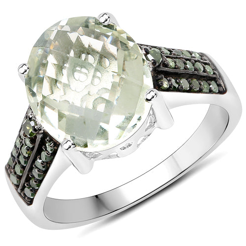 4.41 Carat Genuine Green Amethyst and Green Diamond .925 Sterling Silver Ring Bids.com