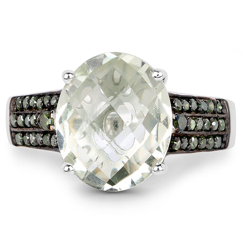 4.41 Carat Genuine Green Amethyst and Green Diamond .925 Sterling Silver Ring Bids.com