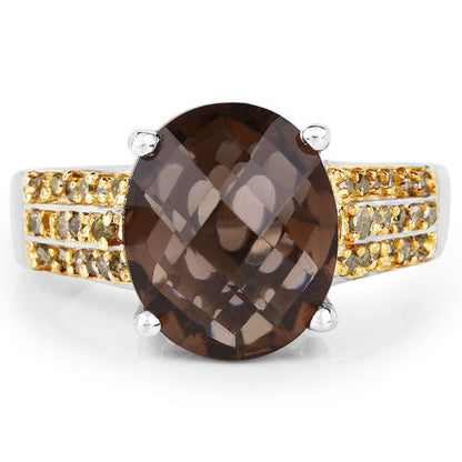 4.87 Carat Genuine Smoky Quartz and Yellow Diamond .925 Sterling Silver Ring Bids.com