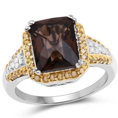3.48 Carat Genuine Smoky Quartz, Yellow Diamond and White Diamond .925 Sterling Silver Ring Bids.com