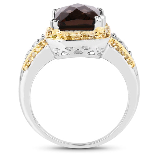 3.48 Carat Genuine Smoky Quartz, Yellow Diamond and White Diamond .925 Sterling Silver Ring Bids.com