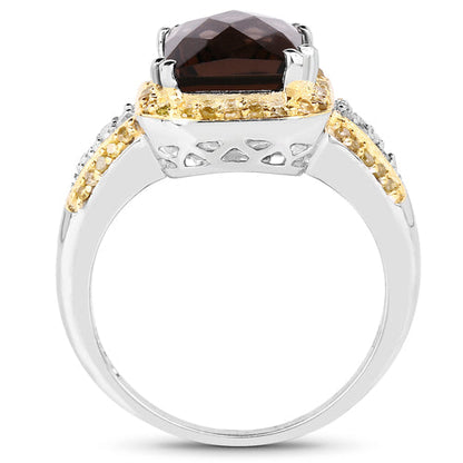 3.48 Carat Genuine Smoky Quartz, Yellow Diamond and White Diamond .925 Sterling Silver Ring Bids.com
