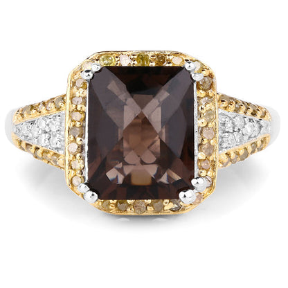 3.48 Carat Genuine Smoky Quartz, Yellow Diamond and White Diamond .925 Sterling Silver Ring Bids.com