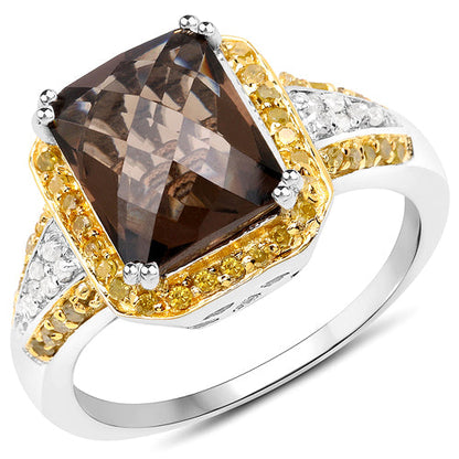 3.48 Carat Genuine Smoky Quartz, Yellow Diamond and White Diamond .925 Sterling Silver Ring Bids.com