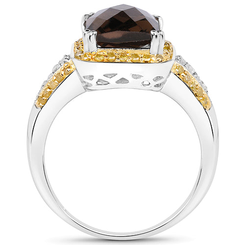 3.48 Carat Genuine Smoky Quartz, Yellow Diamond and White Diamond .925 Sterling Silver Ring Bids.com