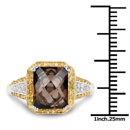 3.48 Carat Genuine Smoky Quartz, Yellow Diamond and White Diamond .925 Sterling Silver Ring Bids.com