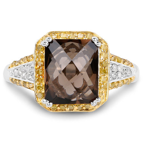 3.48 Carat Genuine Smoky Quartz, Yellow Diamond and White Diamond .925 Sterling Silver Ring Bids.com