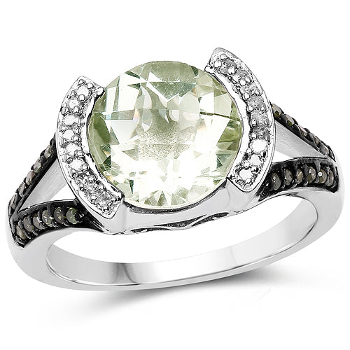 3.59 Carat Genuine Green Amethyst, Green Diamond & White Diamond .925 Sterling Silver Ring Bids.com