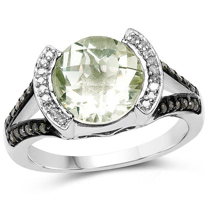 3.59 Carat Genuine Green Amethyst, Green Diamond & White Diamond .925 Sterling Silver Ring Bids.com