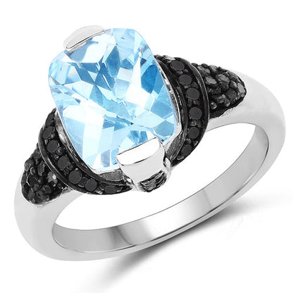 3.81 Carat Genuine Baby Swiss Blue Topaz, Black Diamond and White Diamond .925 Sterling Silver Ring Bids.com