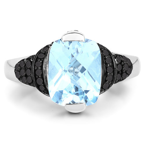 3.81 Carat Genuine Baby Swiss Blue Topaz, Black Diamond and White Diamond .925 Sterling Silver Ring Bids.com