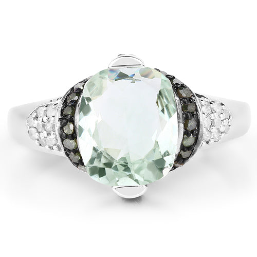 2.92 Carat Genuine Green Amethyst, Green Diamond & White Diamond .925 Sterling Silver Ring Bids.com
