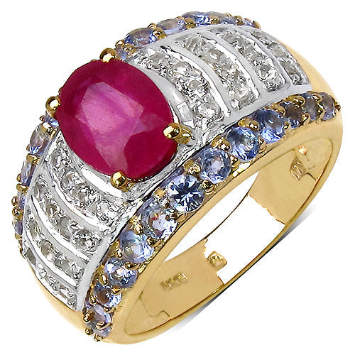 14K Yellow Gold Plated 3.02 Carat Genuine Ruby, Tanzanite & White Topaz .925 Sterling Silver Ring Bids.com