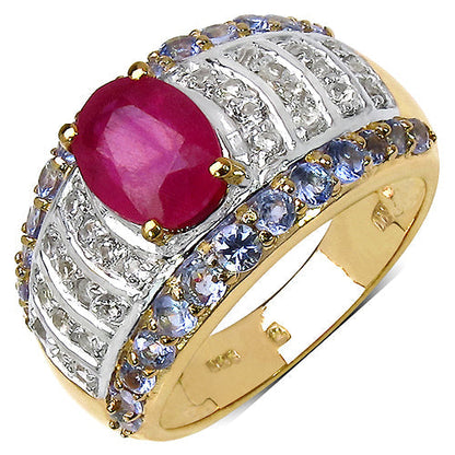 14K Yellow Gold Plated 3.02 Carat Genuine Ruby, Tanzanite & White Topaz .925 Sterling Silver Ring Bids.com