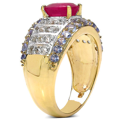 14K Yellow Gold Plated 3.02 Carat Genuine Ruby, Tanzanite & White Topaz .925 Sterling Silver Ring Bids.com