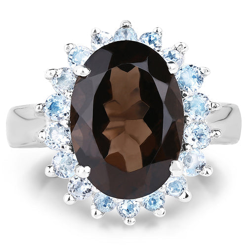 6.79 Carat Genuine Smoky Quartz & Blue Topaz .925 Sterling Silver Ring Bids.com