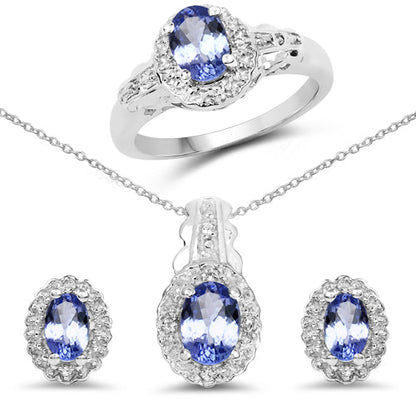 2.46 Carat Genuine Tanzanite and White Topaz .925 Sterling Silver 3 Piece Jewelry Set (Ring, Earrings, and Pendant w/ Chain) Bids.com