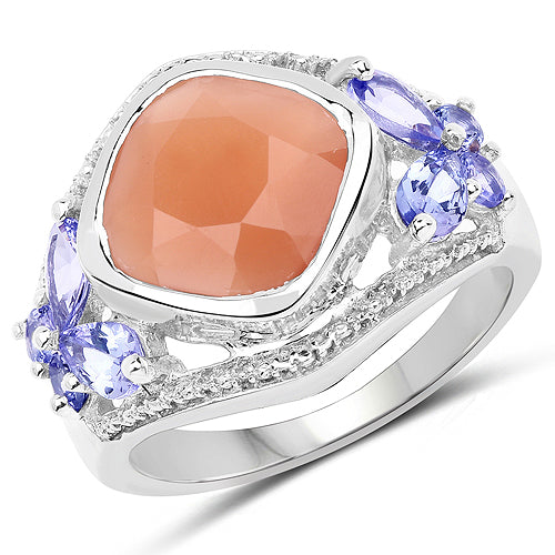 4.67 Carat Genuine Peach Moonstone and Tanzanite .925 Sterling Silver Ring Bids.com