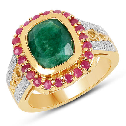 14K Yellow Gold Plated 4.80 ct. t.w. Dyed Emerald and Ruby Ring in Sterling Silver Bids.com