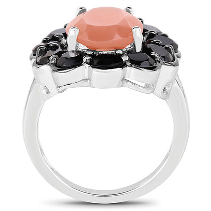 7.88 Carat Genuine Peach Moonstone and Black Spinel .925 Sterling Silver Ring Bids.com